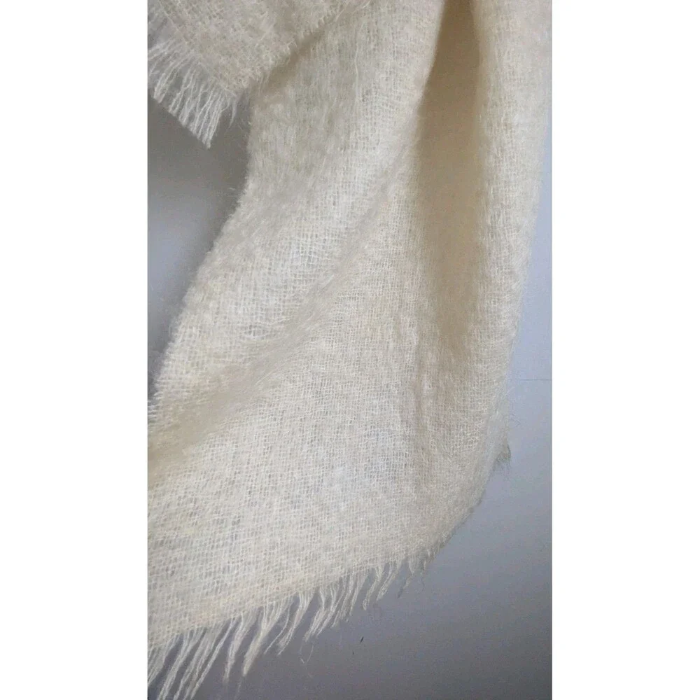 Vintage Wide Mohair Wool Shawl Scarf Wrap Stole Fringe Cream Ivory 75x19
